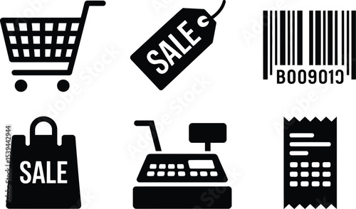 Set of black shopping icons representing retail sale concepts in modern simple style