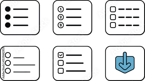 Collection of checklist, ordered list, and download icons representing task management and process visualization
