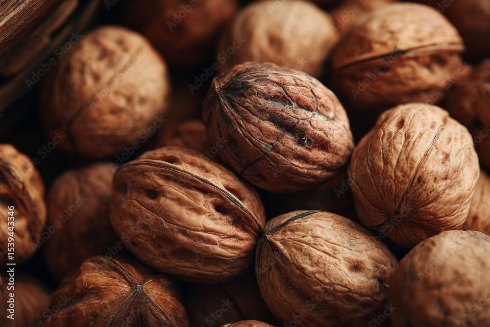 Close-Up of Brown Walnut Shells with Detailed Texture in Natural Light Close-Up of Brown Walnut Shells with Detailed Texture in Natural Light