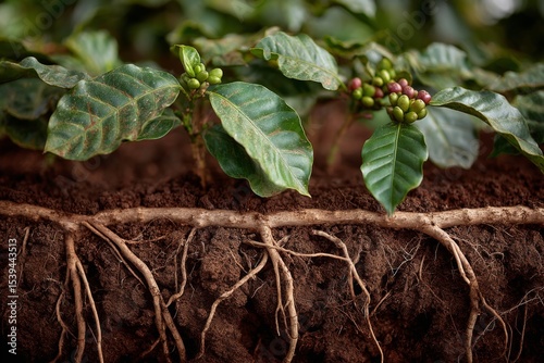 Coffee plant showing its roots and ripening beans in nutrient rich soil