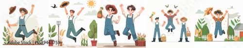 vector character farmer celebration jumping