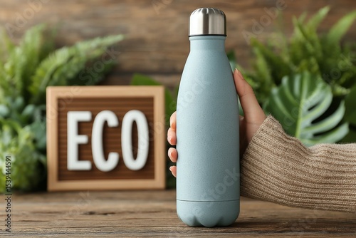 Reusable Water Bottle Held by a Hand on Wooden Surface near Greenery and Eco Sign