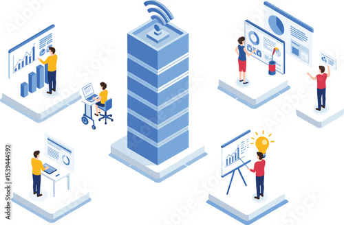 "Team of Professionals Collaborating on Cloud Computing and Data Analysis: Isometric View with Server, Charts, and Insights"