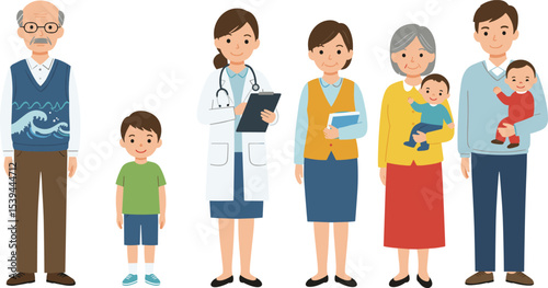 "Multigenerational Family with Healthcare Professionals: Grandparents, Parents, Children, and Doctor Standing Together"