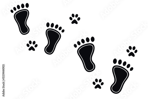 Footprints and paw prints isolated on a white background animal and human tracks