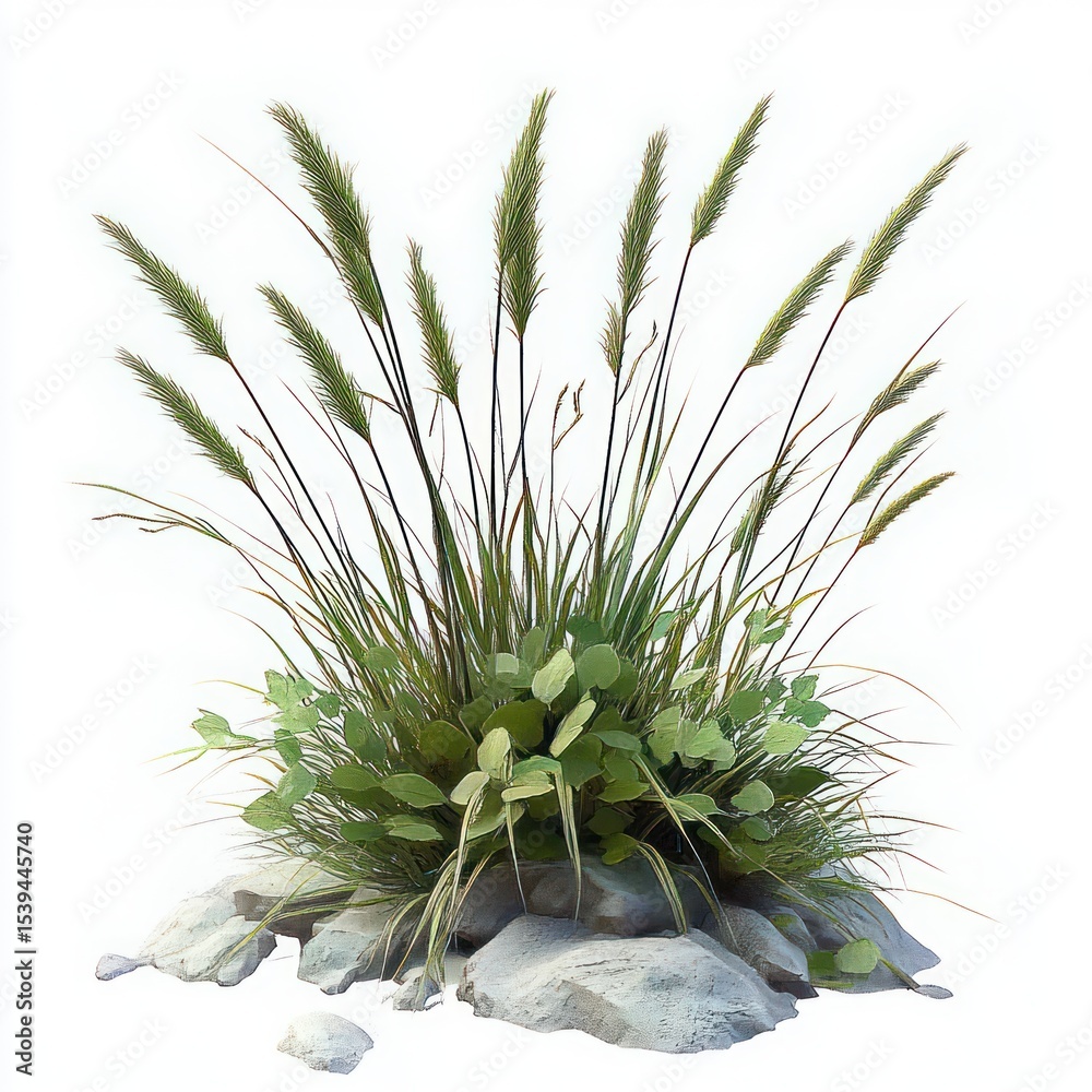 Obraz premium Green grass-like plants and broad-leaved greenery growing among scattered gray rocks on a white background