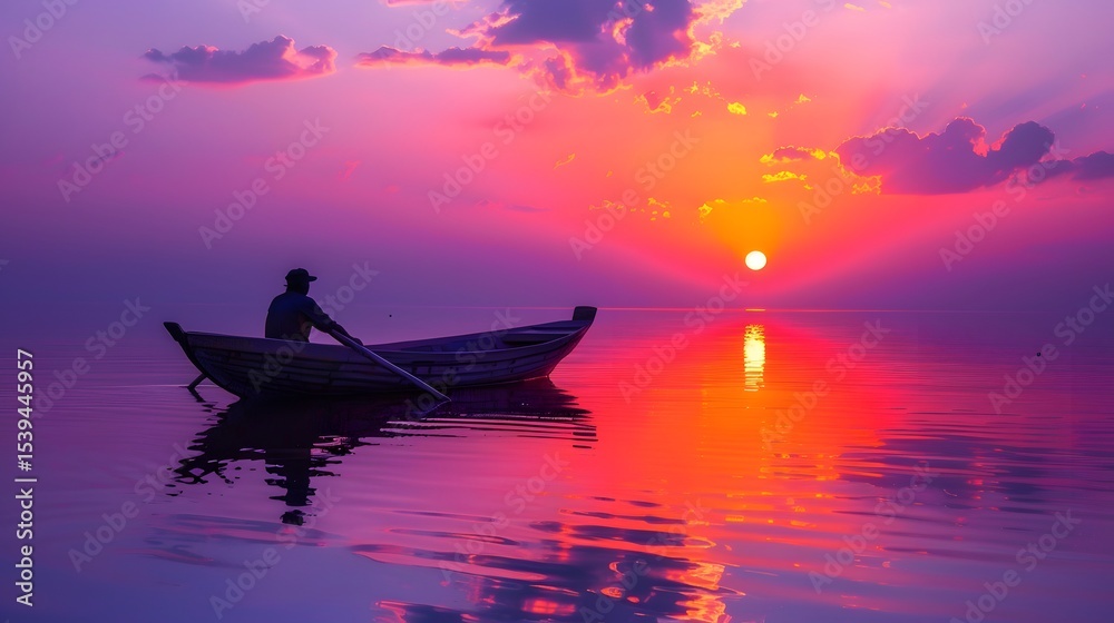 Obraz premium An old man in a small wooden boat his silhouette 