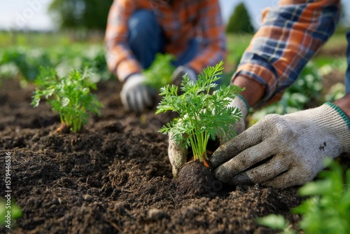 Hands Planting Carrot Seedling in Rich Soil Garden, Healthy Agriculture