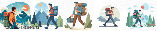 vector of young man carrying a mountain bag