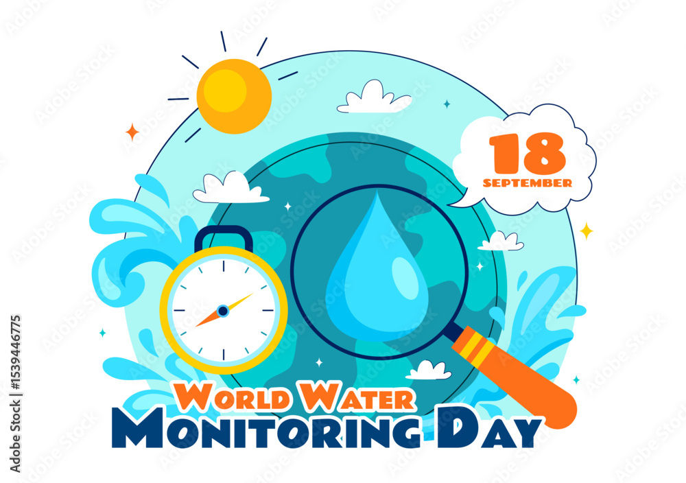 Fototapeta premium World Water Monitoring Day Vector Illustration with Droplets and Planet Earth for Awareness and Protection of Water Resources in a Background