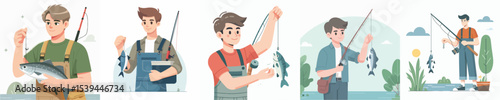 vector young man showing off fish from fishing