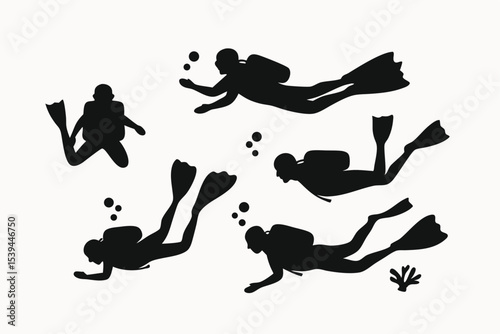 Silhouettes of Scuba Divers Underwater Collection of Diving Poses