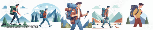 vector of young man carrying a mountain bag