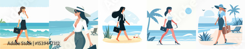 vector secretary girl walking on the beach