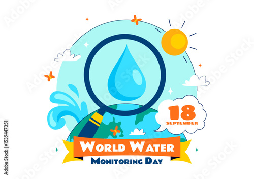 World Water Monitoring Day Vector Illustration with Droplets and Planet Earth for Awareness and Protection of Water Resources in a Background