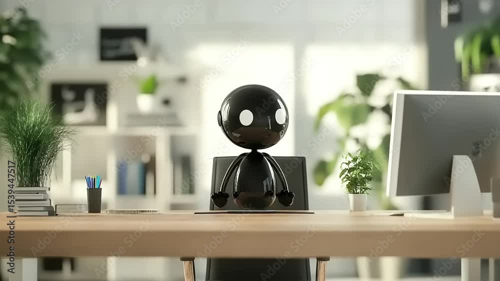 A minimalist black figure sitting at a modern desk in a bright office with plants and a computer