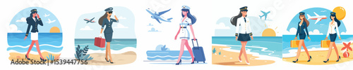 stewardess vector walking on the beach