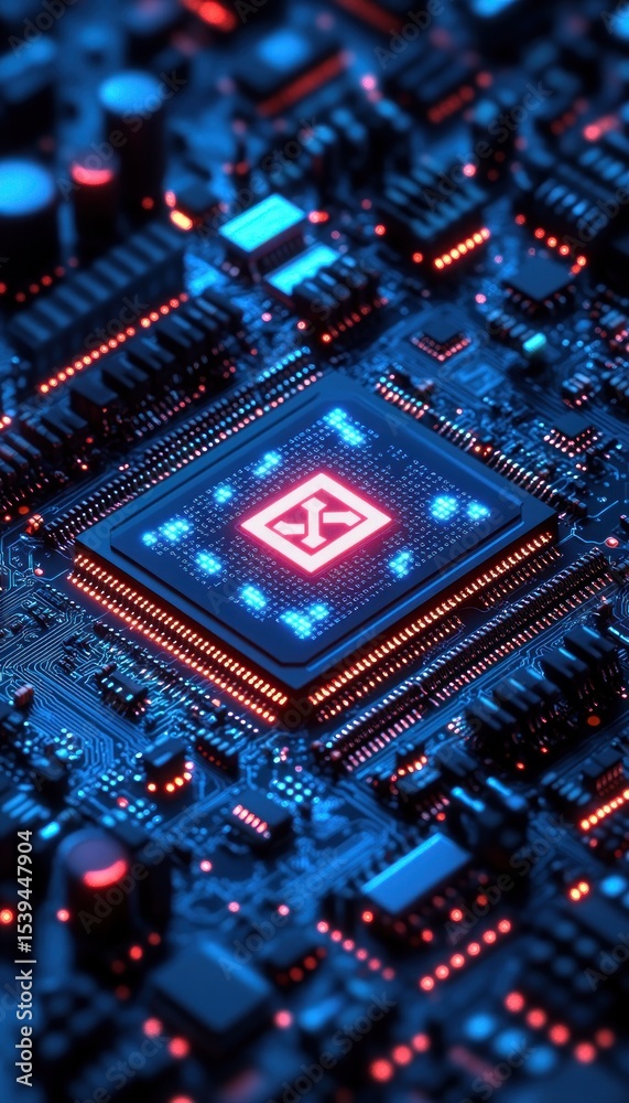 Fototapeta premium Close-up of a glowing microchip on a detailed circuit board illuminated with blue and red LED lights, showcasing advanced electronic components and modern technology