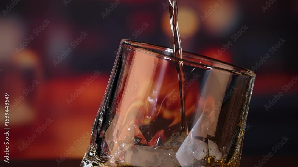 Amber Liquid Pouring into Glass with Ice