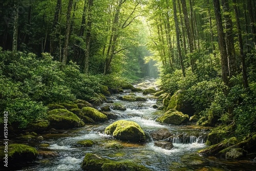 Sunlit forest stream flowing over moss-covered rocks surrounded by lush green trees and foliage, creating a peaceful and serene nature scene