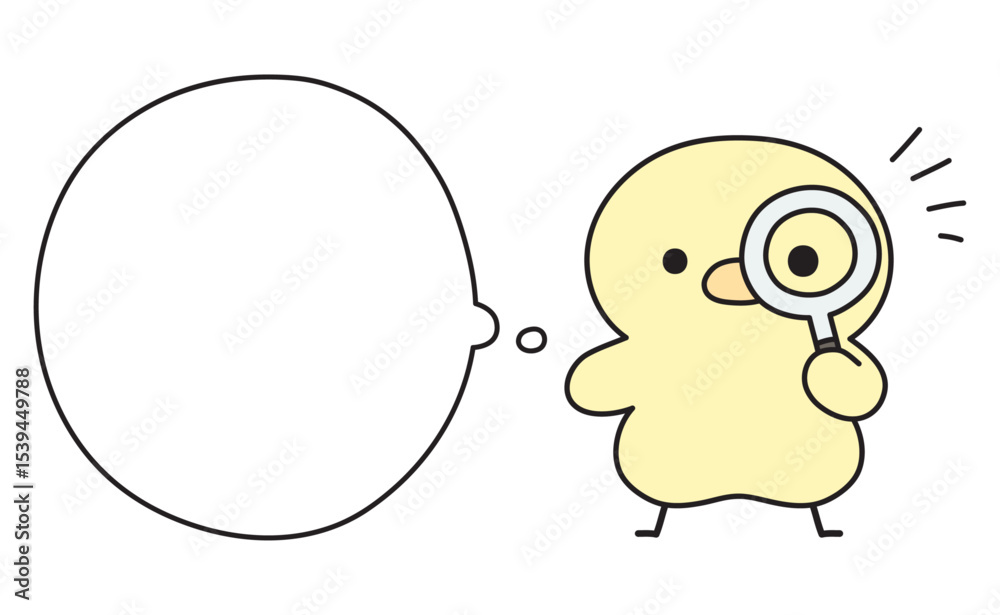 Obraz premium 虫眼鏡を覗いて何かに気づく可愛いひよこと吹き出しのイラスト