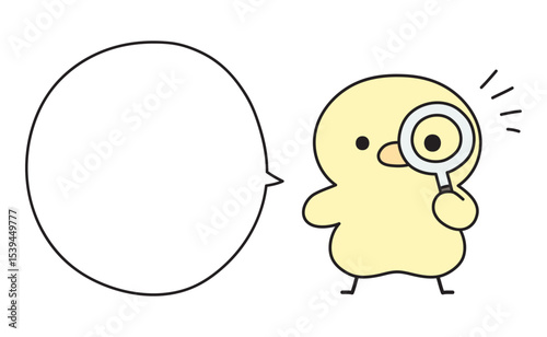 虫眼鏡を覗いて何かに気づく可愛いひよこと吹き出しのイラスト