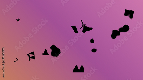 Abstract Purple Gradient Background with Scattered Black Irregular Shapes and Star