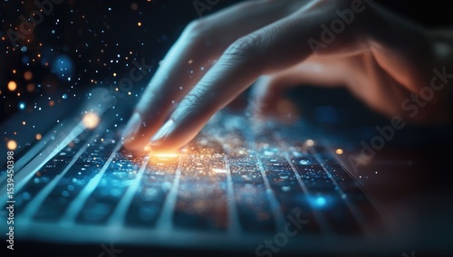 Close-up of hands typing on a laptop keyboard, glowing particles