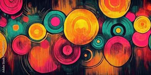Brightly colored abstract artwork with overlapping vibrant circles in yellow, pink, teal, and orange hues creating a dynamic and energetic visual effect