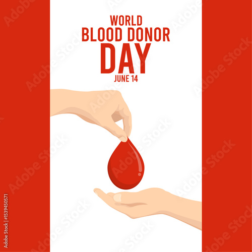 World blood donor day. June 14. Vector illustration of a hand giving a drop of blood. Blood donors. Flat design vector illustration.