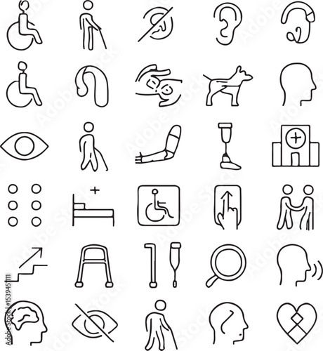 Disability and Accessibility Outline Icon Set – 45 Editable Stroke Vector Icons for Inclusive Design and Disabled People