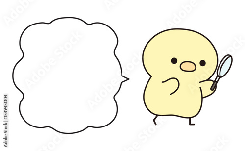 虫眼鏡で何かを観察する可愛いひよこと吹き出しのイラスト