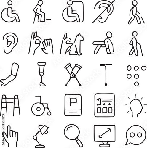 Disability and Accessibility Outline Icon Set – 45 Editable Stroke Vector Icons for Inclusive Design and Disabled People