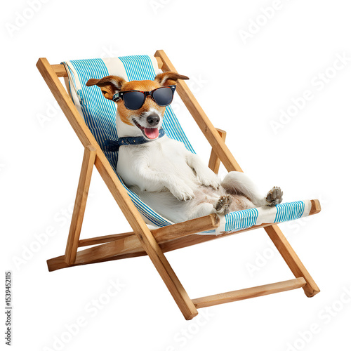 Cute dog lounging comfortably on a beach chair while wearing stylish sunglasses, isolated on a transparent background