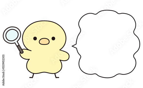 虫眼鏡を手に持つ可愛いひよこと吹き出しのイラスト