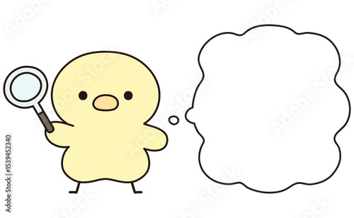 虫眼鏡を手に持つ可愛いひよこと吹き出しのイラスト