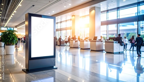 Blank billboard in modern lobby.