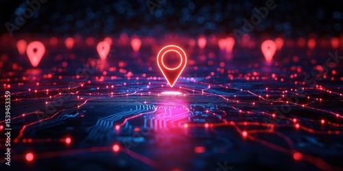 Glowing red map markers illuminated on a futuristic digital circuit board-style map with blue and red neon lines creating a high-tech atmosphere