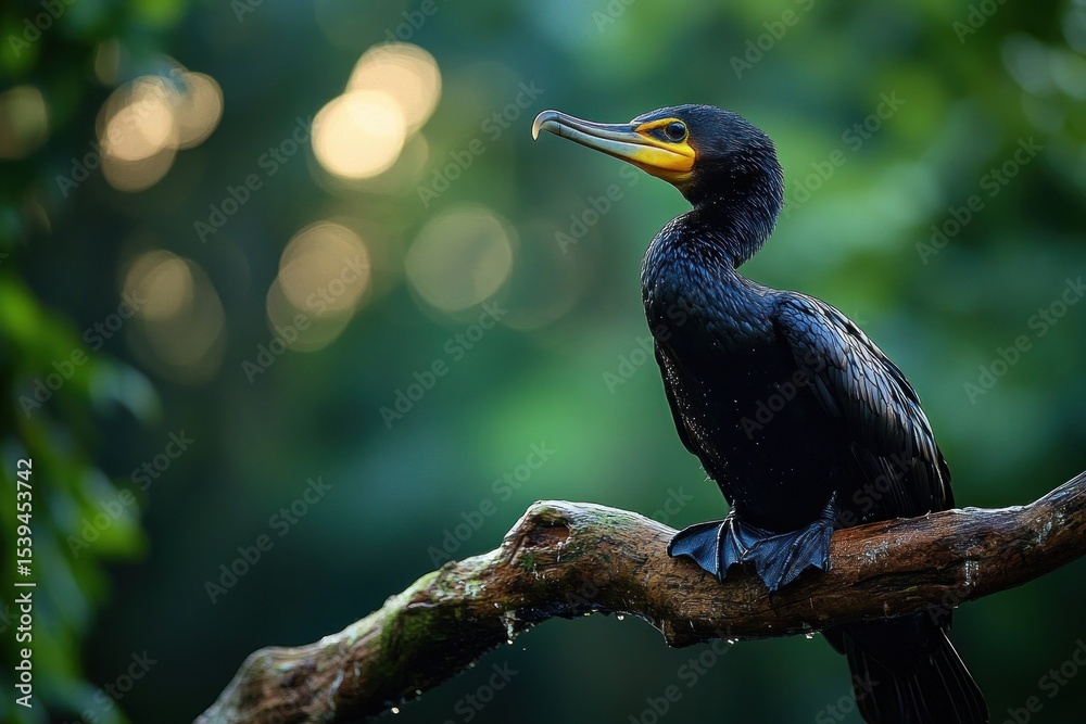 Fototapeta premium black cormorant bird perched on a mossy tree branch with blurred green foliage background in natural light