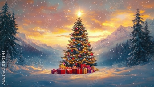 Beautiful decorated Christmas tree with glowing lights and colorful ornaments surrounded by numerous wrapped gifts in a snowy mountainous landscape during sunset