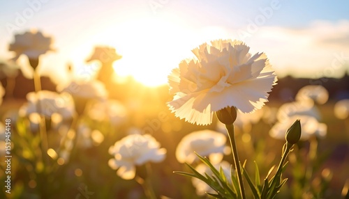 White carnations sunset field.