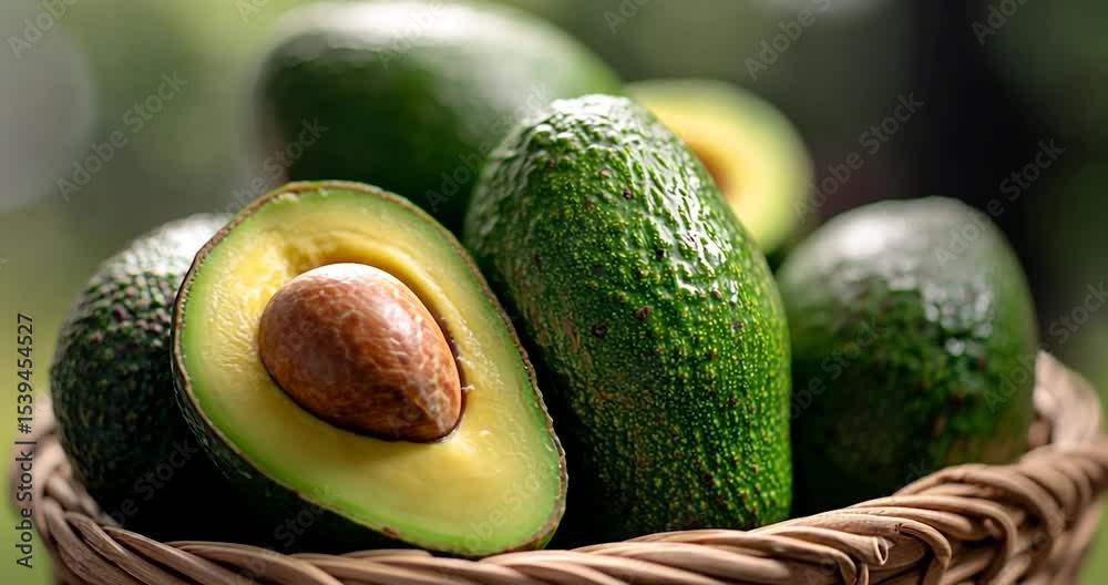 Close-up view of ripe avocados in a wicker basket, with one avocado cut open to reveal its creamy flesh and pit.  Soft natural lighting enhances the rich green hues