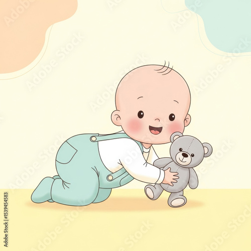 Cute baby illustration playing with teddy bear cartoon image for kids books and nursery decoration art
