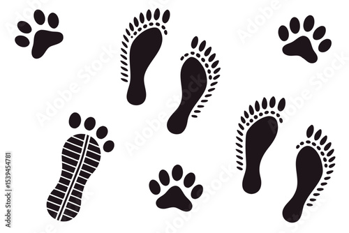 Human footprints and animal paw prints in black color on white background