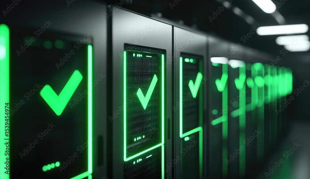 Obraz premium Server racks with glowing green checkmarks (1)
