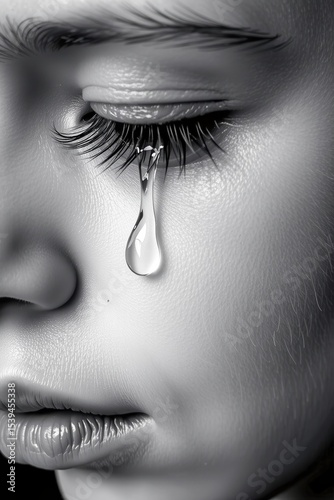 A close-up black and white image of a person's face showing a single tear falling from a closed eye.