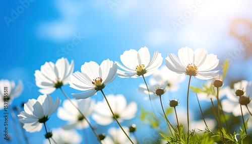 White Cosmos Flowers Sunny Day.