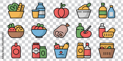 Collection of Full-Color Supermarket and Organic Food Icons