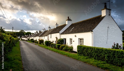 White Cottages with Rural Road, and Cloudy Sky.