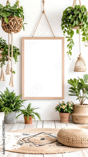 Blank frame with plants, and boho decor.